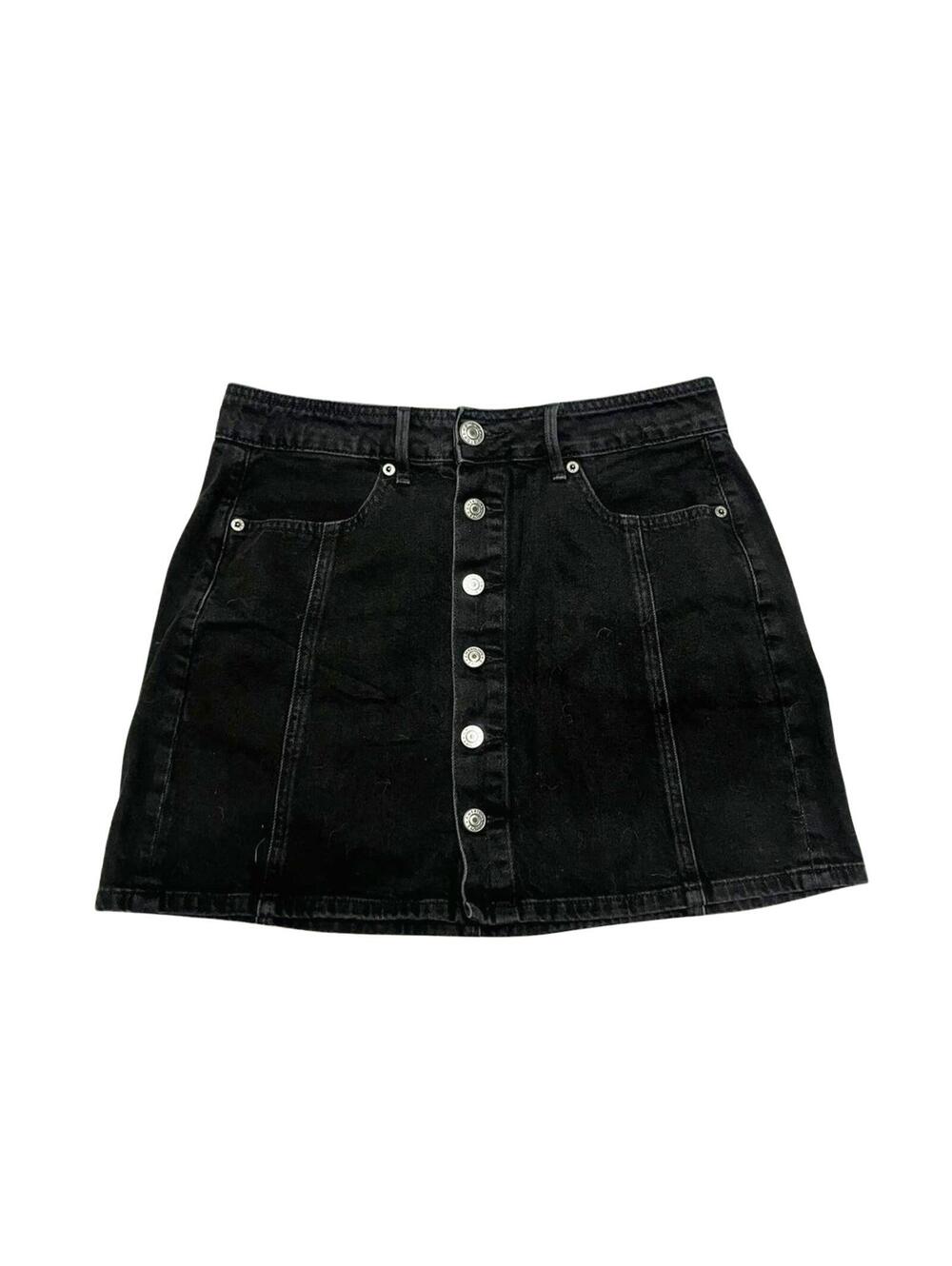 Black Denim Mini Skirt Button Front High Rise Raw Hem Y2K Womens Size Small